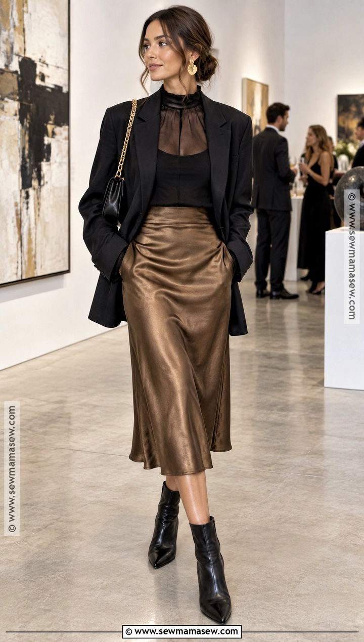Sheer Blouse With Satin Midi Skirt Outfit - 15 Fall Winter Fashion Outfits 2026
