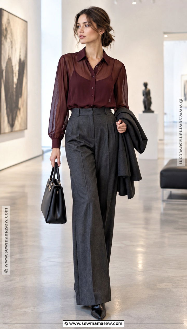 Sheer Blouse and Wide Leg Pants Fall Outfit - 25 trendy fall outfits