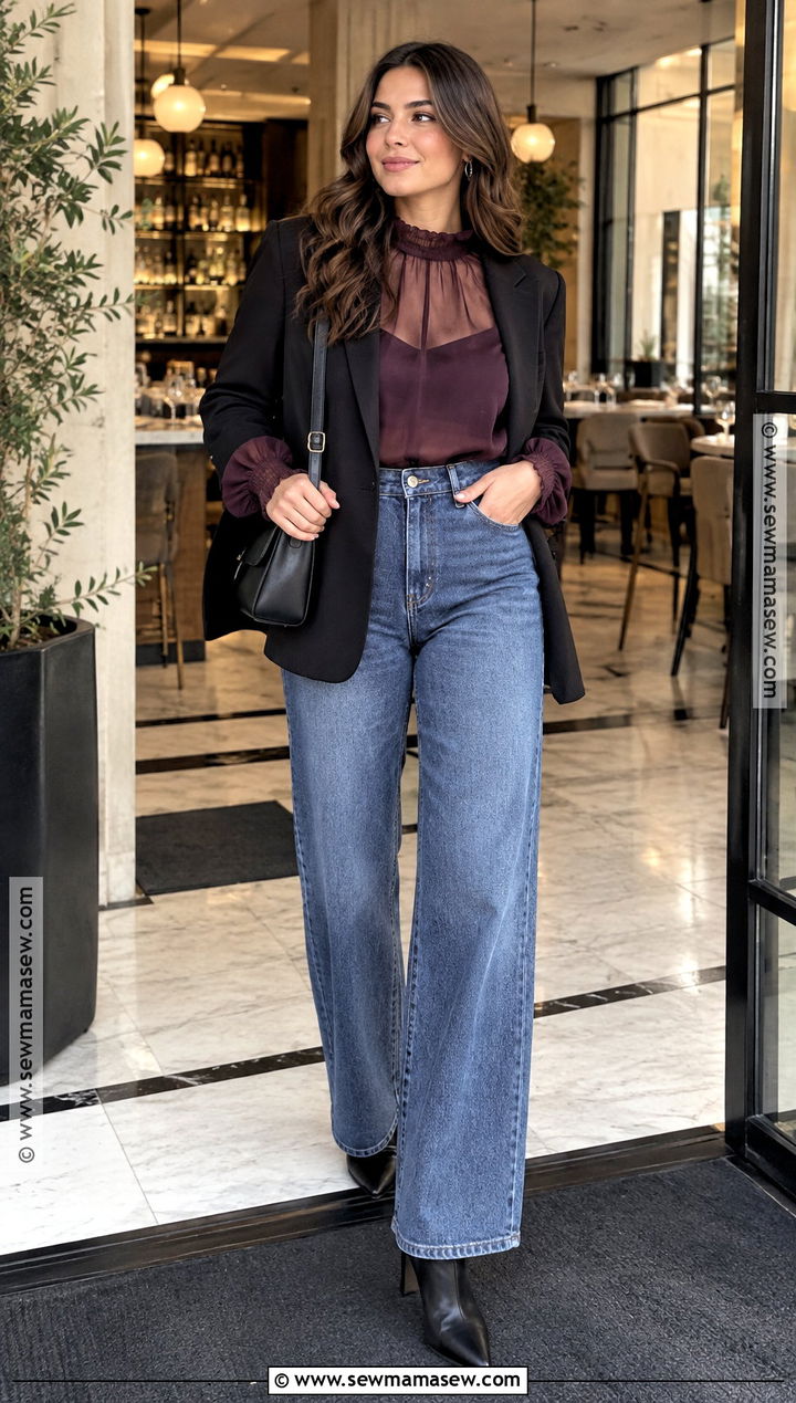 Sheer Fall Blouse With High Waisted Jeans - 20 fall blouse ideas