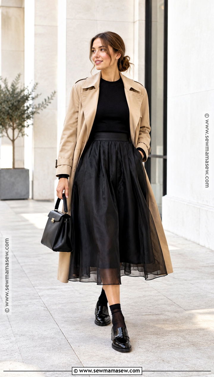 Sheer Layered Skirt And Trench Coat Outfit - 15 fall fashion skirt ensemble ideas