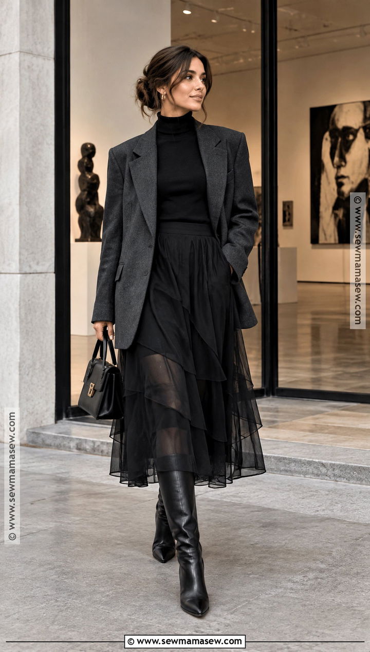 Sheer Layered Skirt With Turtleneck And Blazer - 15 skirt outfit fall ideas 2026