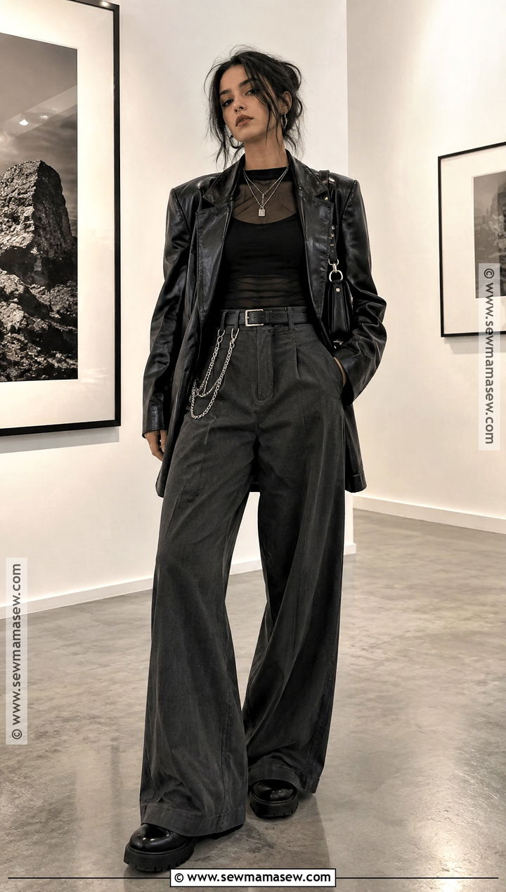 Sheer Layered Top and Wide Leg Trousers Grungy Fall Outfit - 25 grungy fall outfits