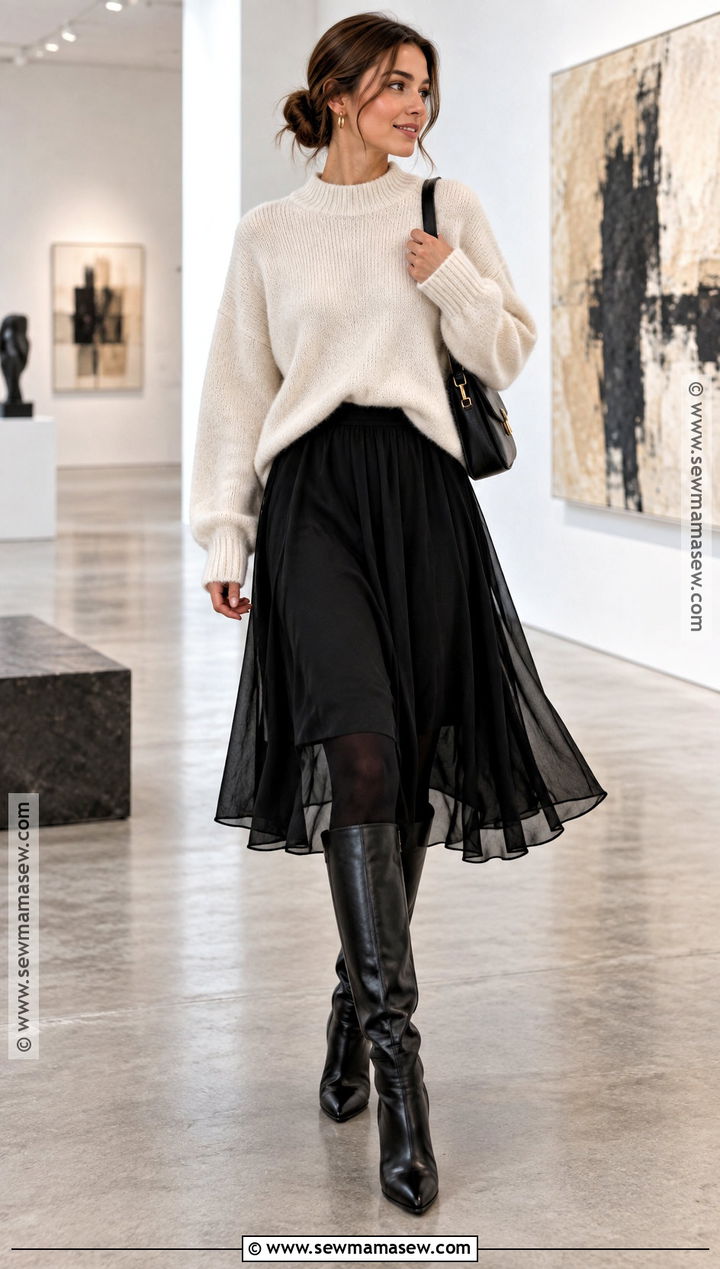 Sheer Midi Skirt and Oversized Sweater Outfit - 20 trendy autumn outfits 2026