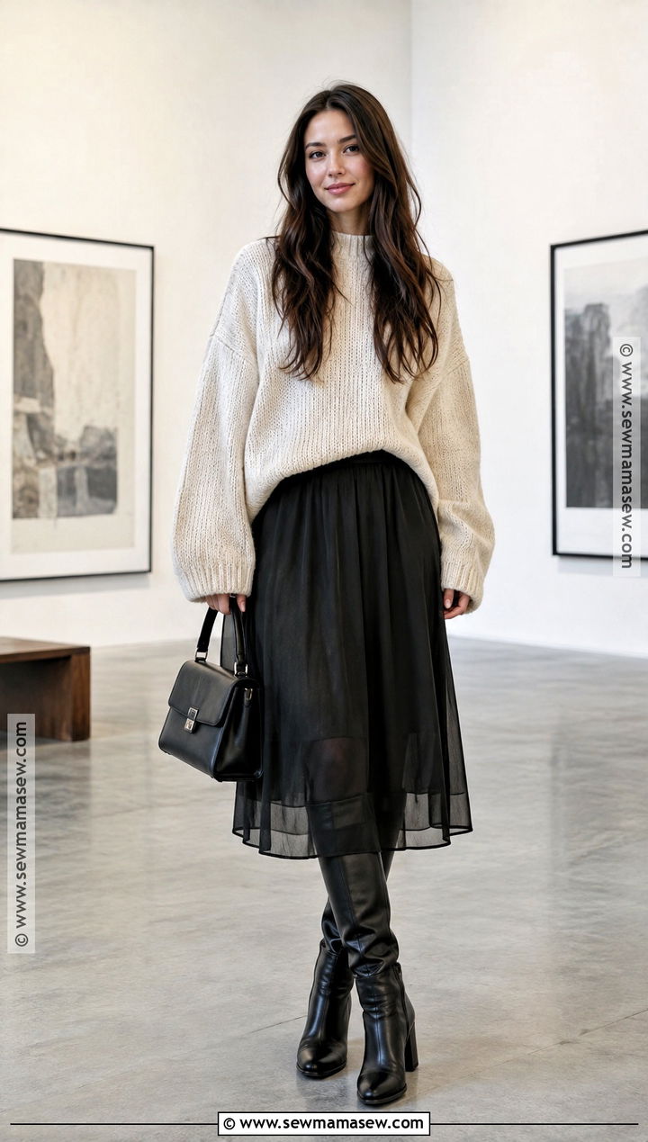 Sheer Skirt And Chunky Knit Autumn Outfit - 15 autumn 24 fashion ideas