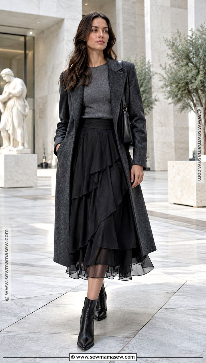 Sheer Skirt With Long Coat And Ankle Boots - 25 fall outfits with skirts