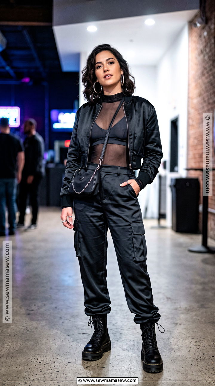 Sheer Top And Bralette With Cargo Pants Fall Club Outfit - 20 club outfits for women fall