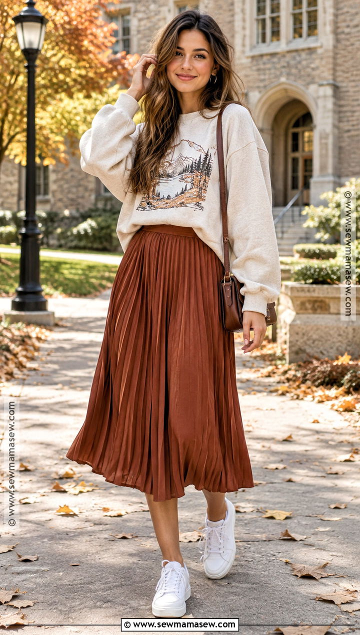 Shein Graphic Sweatshirt And Pleated Skirt Outfit - 20 Shein Fall Outfits Ideas