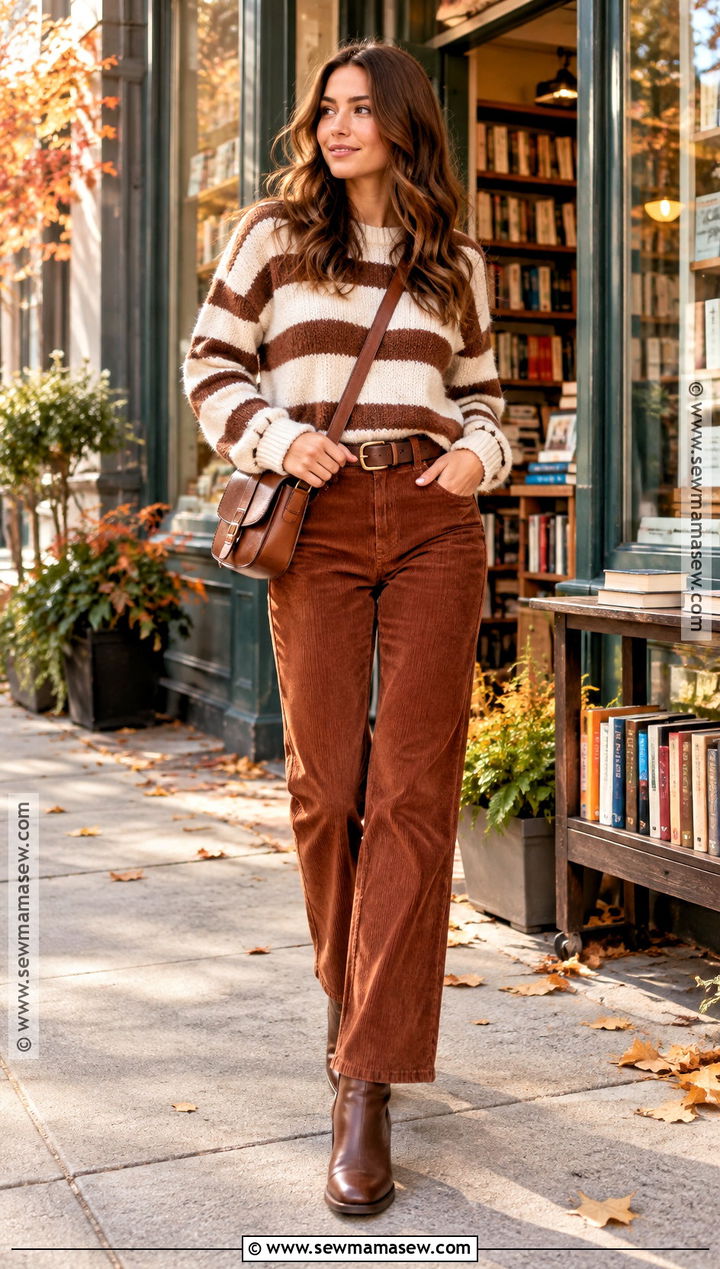 Shein Striped Sweater And Corduroy Pants Outfit - 20 Shein Fall Outfits Ideas