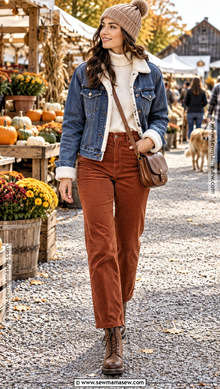 Sherpa Denim Jacket With Corduroy Pants - 15 fall denim jacket ideas