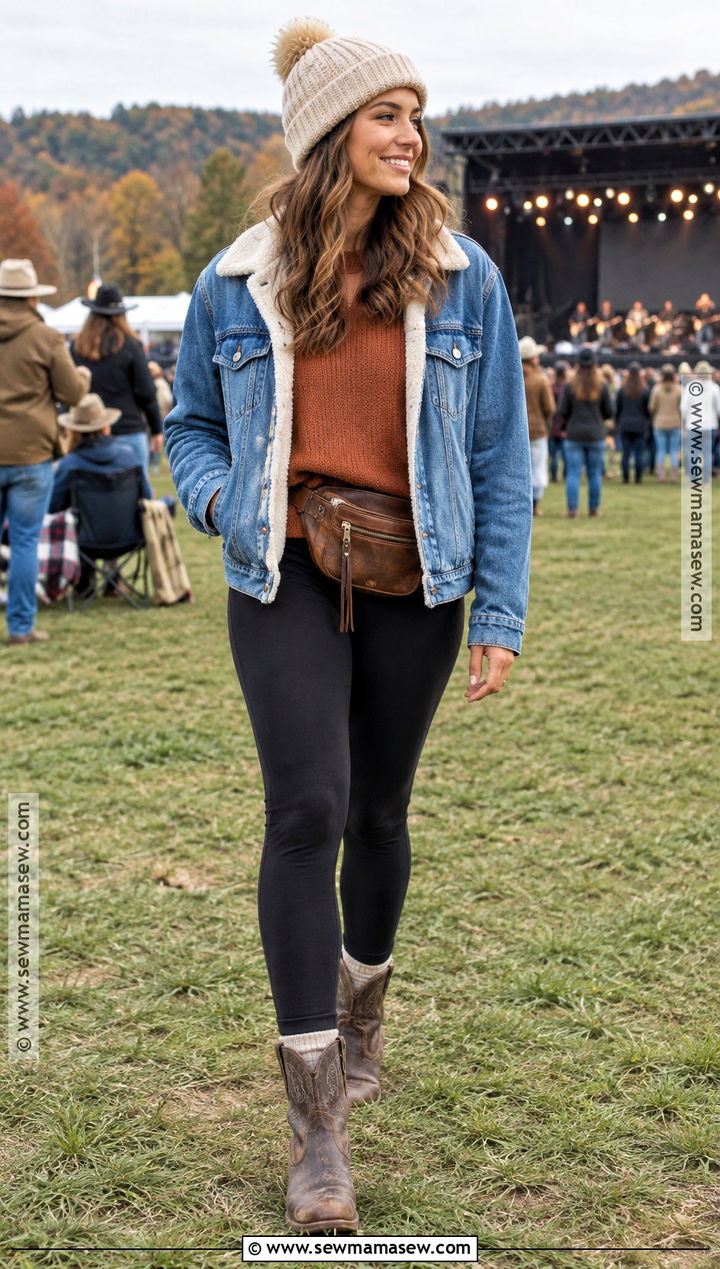 Sherpa Denim Jacket and Leggings Country Festival Outfit - 20 country festival outfit fall ideas