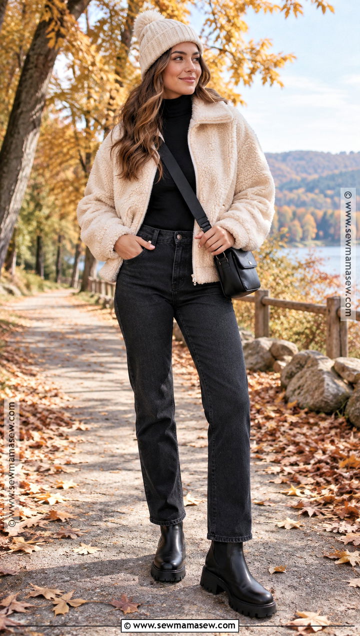 Sherpa Jacket And Black Jeans Fall Outfit - 25 comfy outfits fall