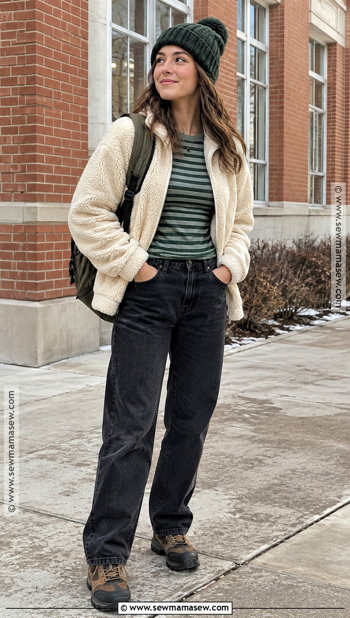 Sherpa Jacket And Black Jeans Granola Outfit - 15 Back To School Granola Outfits
