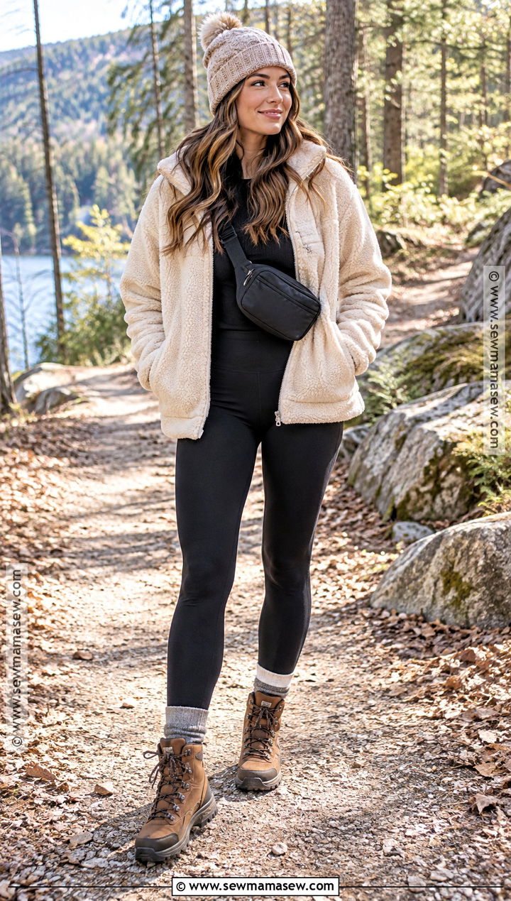 Sherpa Jacket And Black Leggings Fall Outfit - 30 cozy fall outfits
