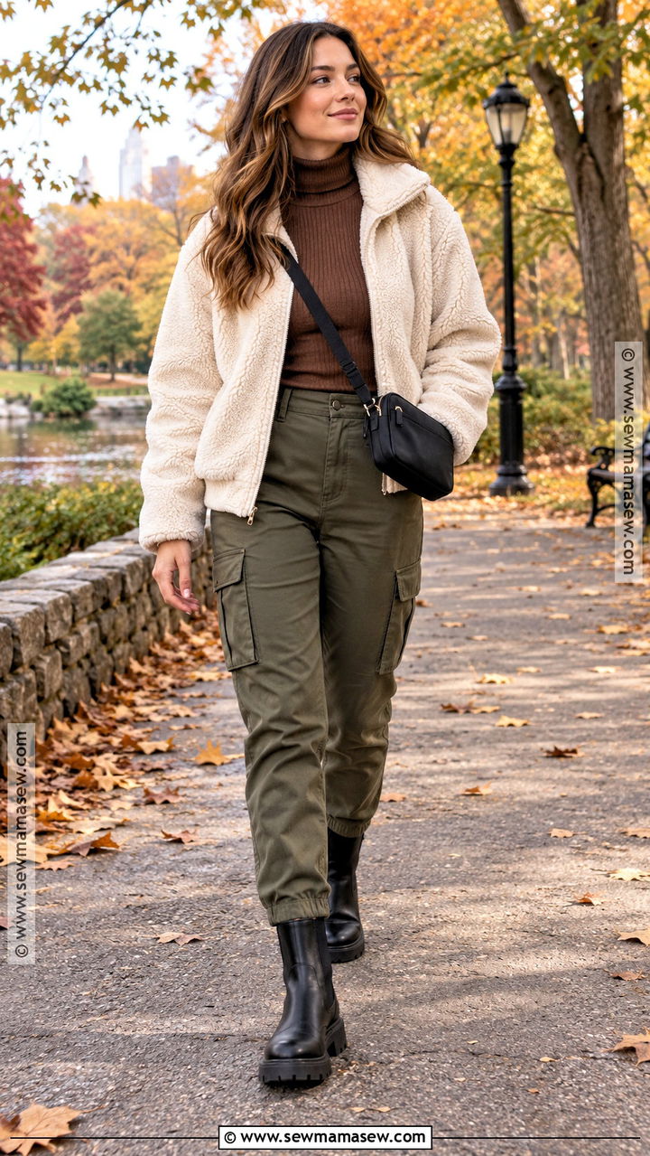 Sherpa Jacket And Cargo Pants Fall Outfit - 20 fall outfit with jacket ideas