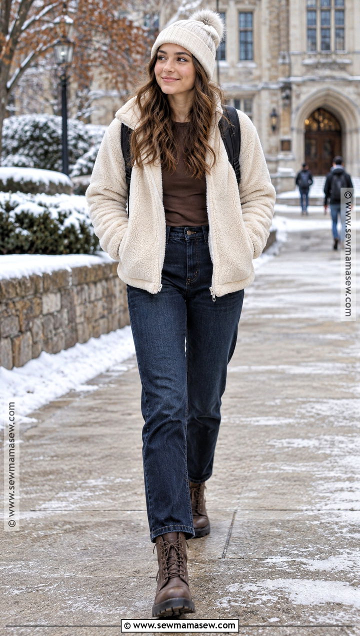 Sherpa Jacket And Dark Wash Jeans Fall School Outfit - 30 fall outfits for school