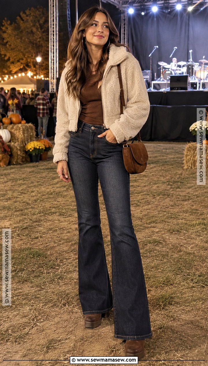 Sherpa Jacket And Flare Jeans Fall Festival Outfit - 25 fall festival outfits