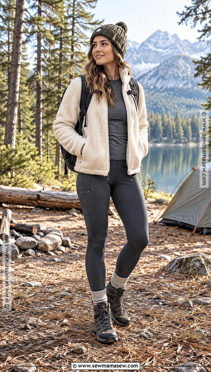 Sherpa Jacket And Hiking Leggings Fall Camping Outfit - 25 fall camping outfits