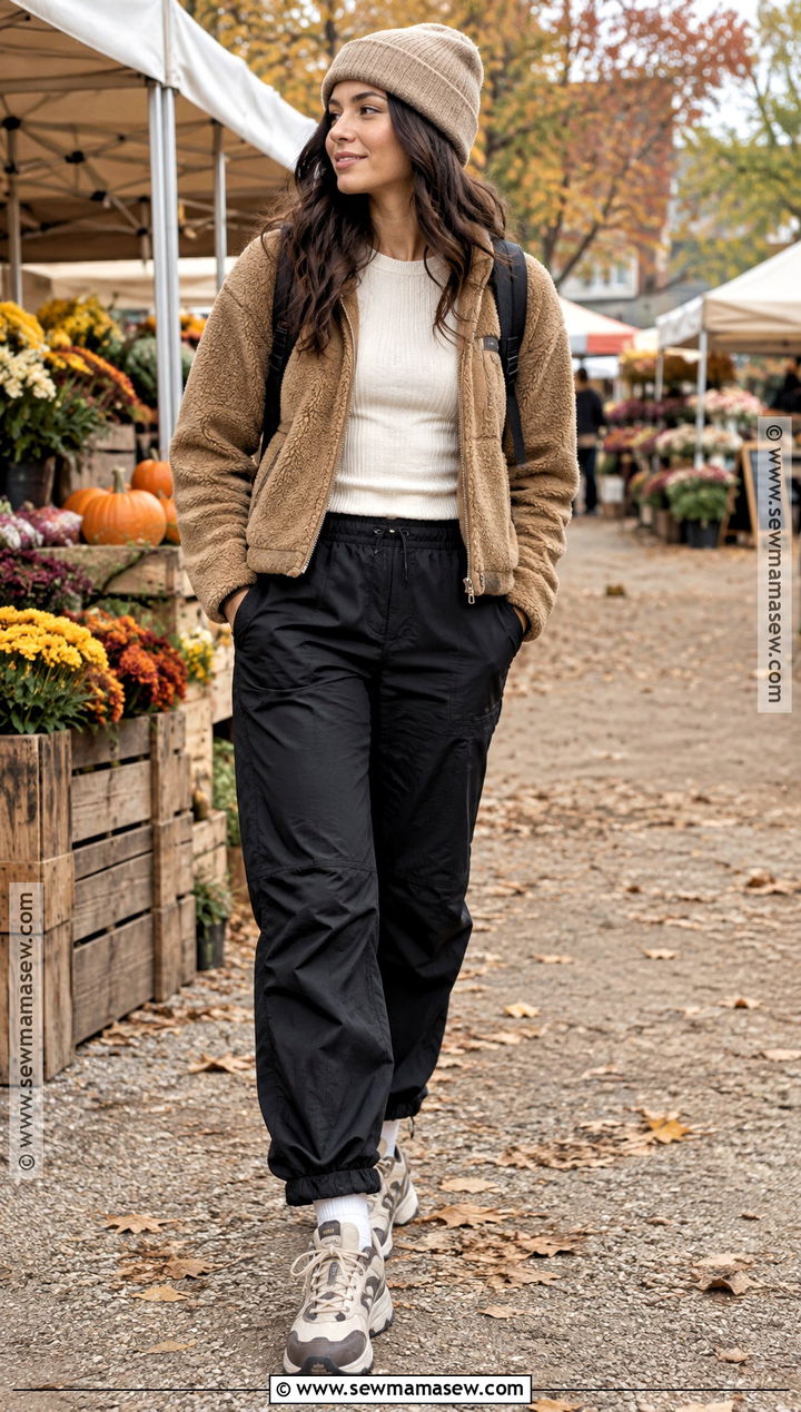Sherpa Jacket And Parachute Pants Autumn Outfit - 20 autumn outfits sporty