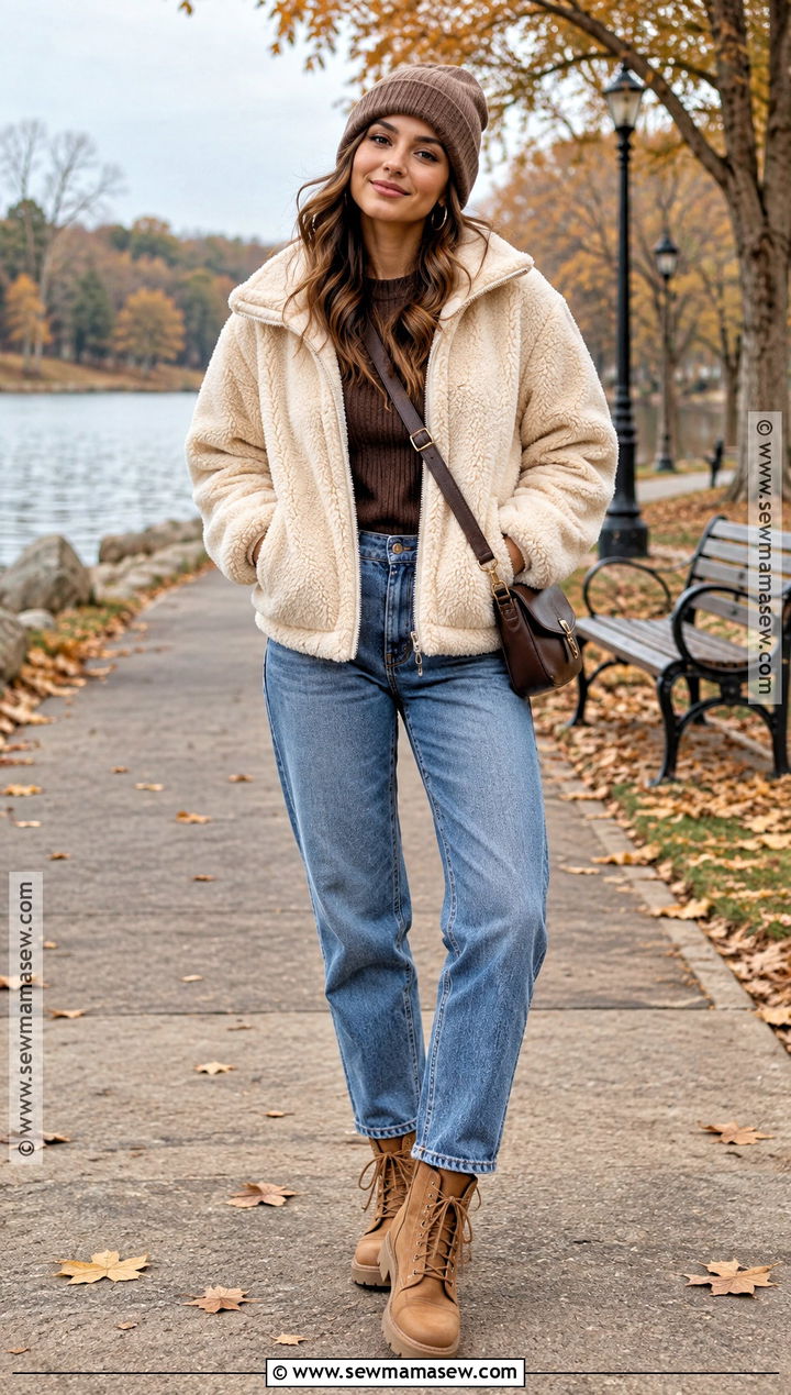 Sherpa Jacket And Relaxed Jeans Fall Outfit - 25 fall swag outfits