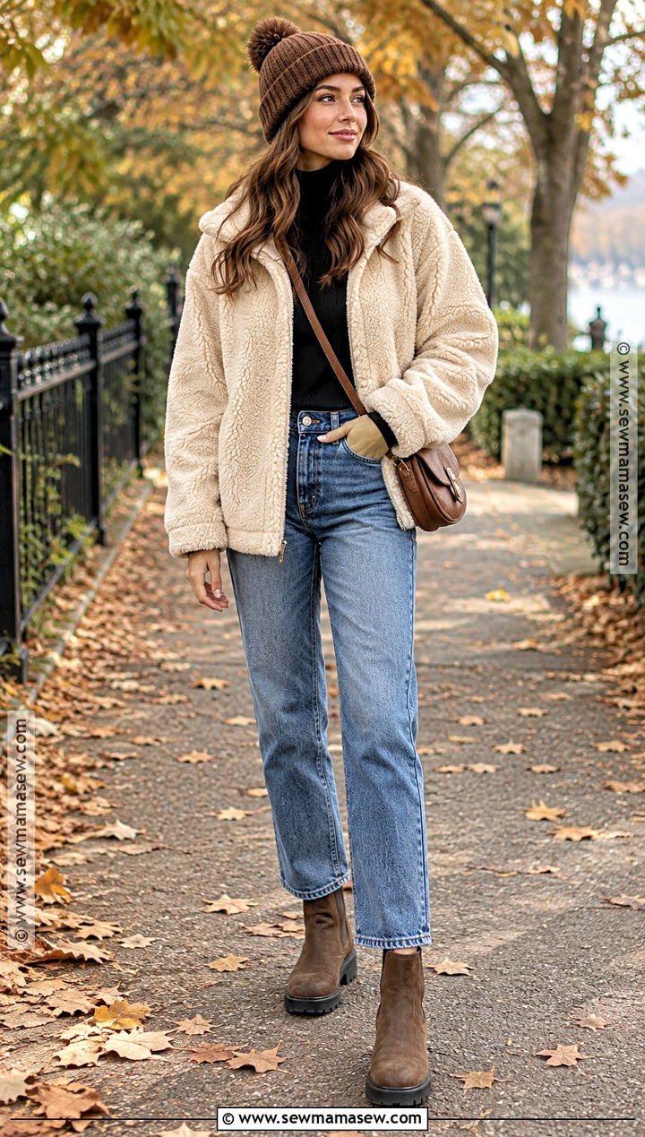 Sherpa Jacket And Straight Jeans Fall Outfit - 25 fall chill outfits