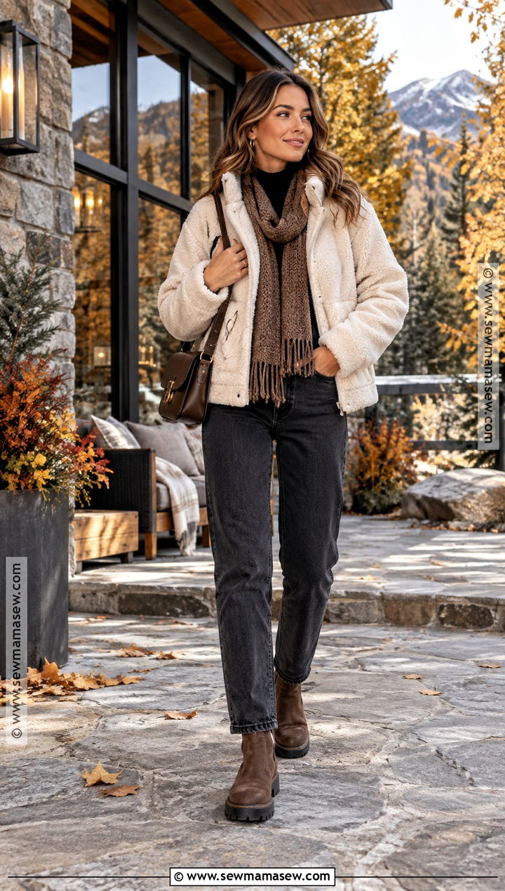 Sherpa Jacket And Straight Leg Jeans Mountain Outfit - 15 mountain vacation outfits fall