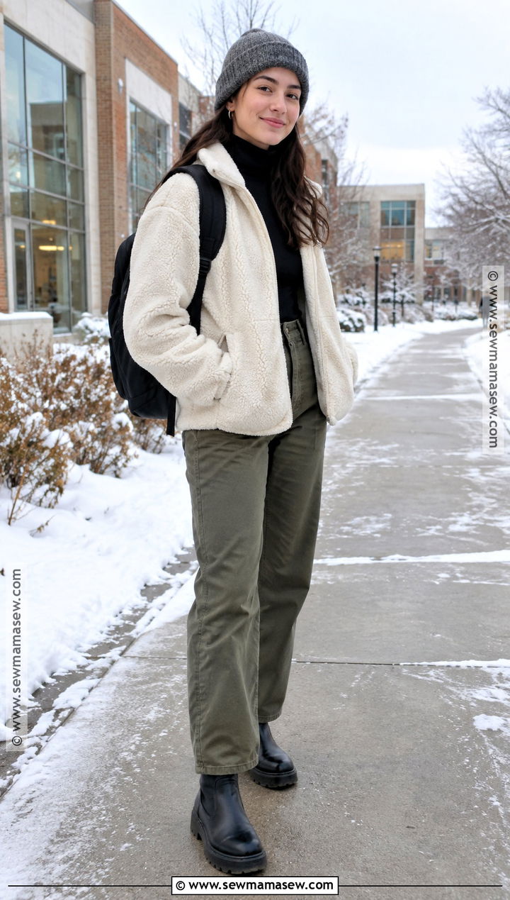 Sherpa Jacket And Straight Leg Pants Outfit - 20 Back To School After Winter Break Outfit Ideas