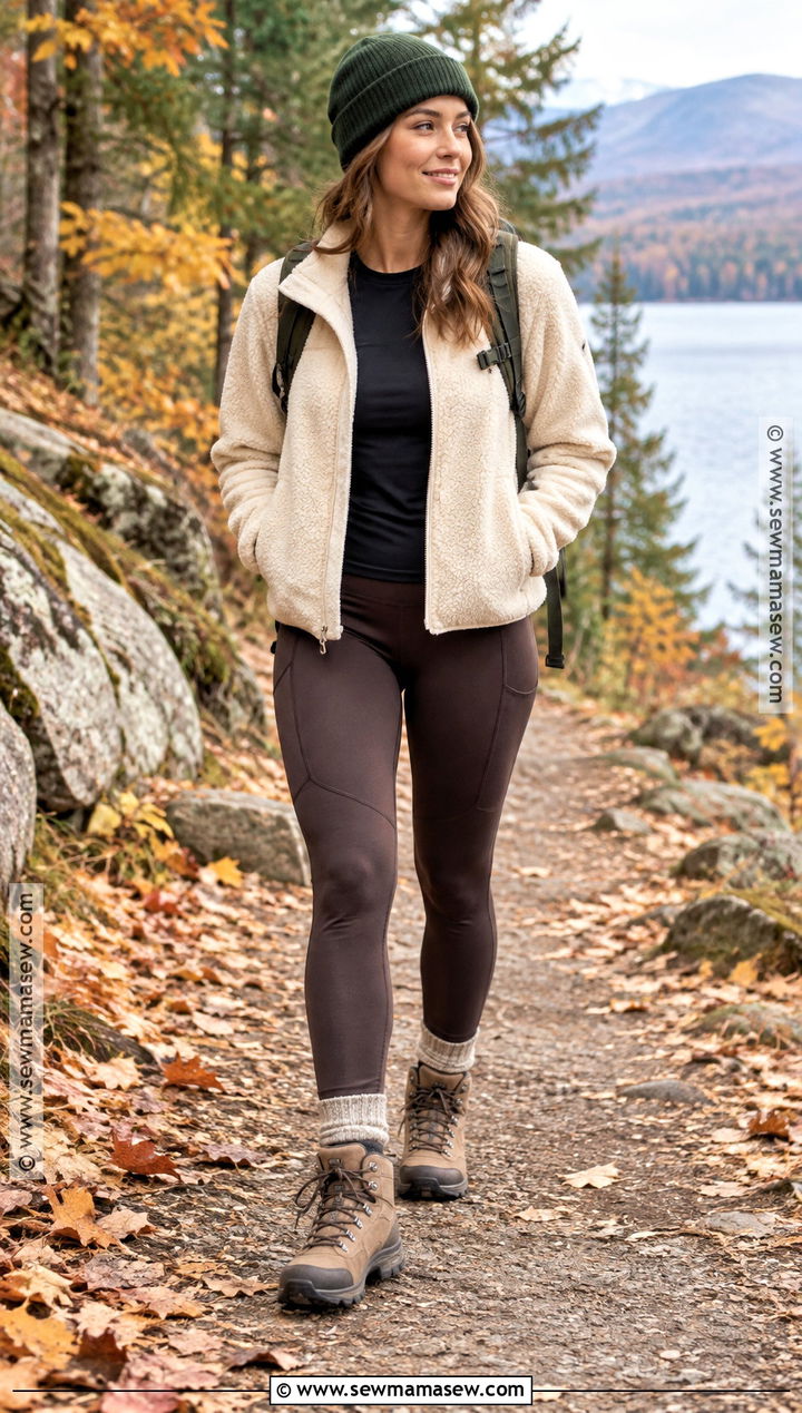 Sherpa Jacket And Trail Leggings Outfit - 25 fall hiking outfits
