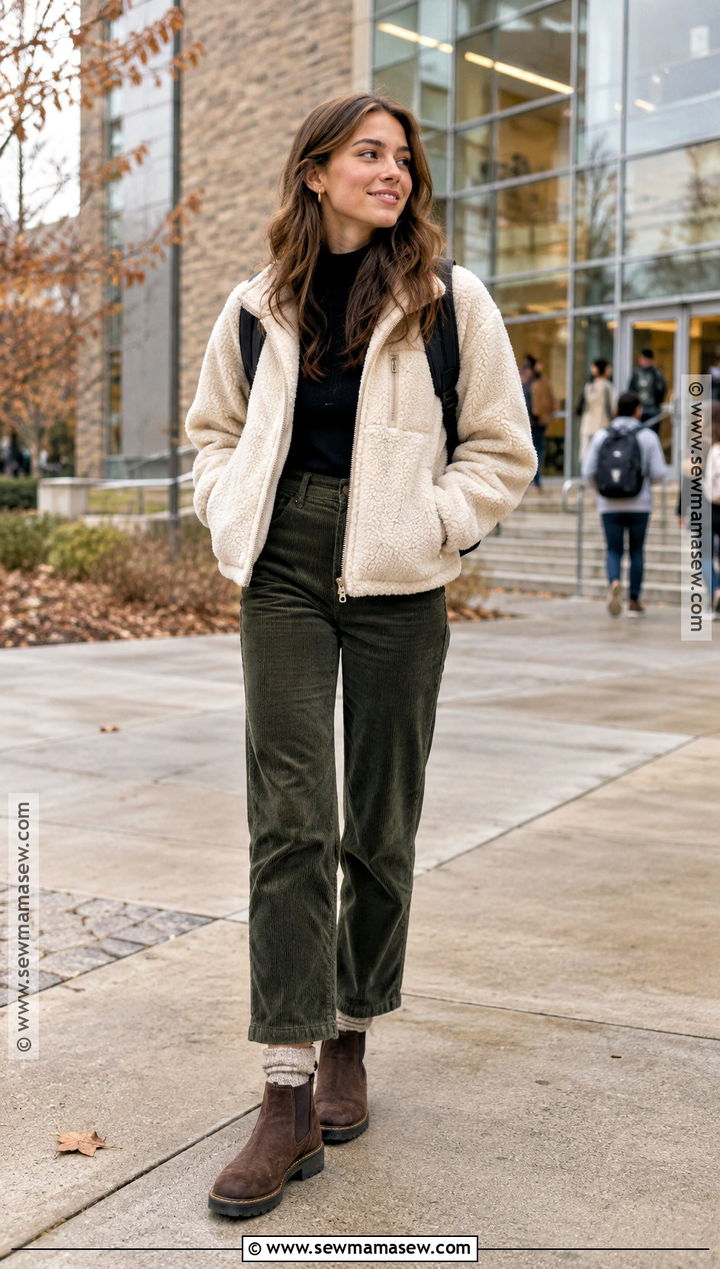 Sherpa Jacket With Mock Neck Top And Corduroy Pants - 20 outfits for fall school