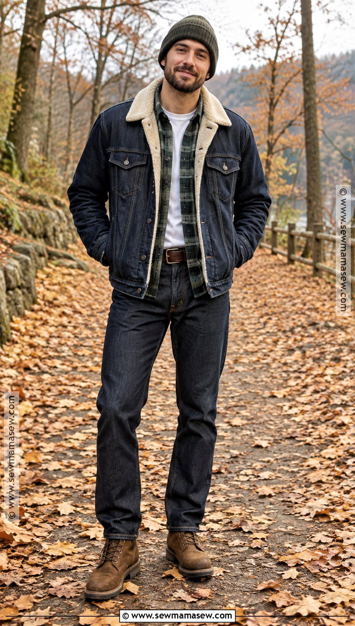 Sherpa Jacket With Plaid Shirt And Straight Leg Jeans - 15 country fall outfits for men