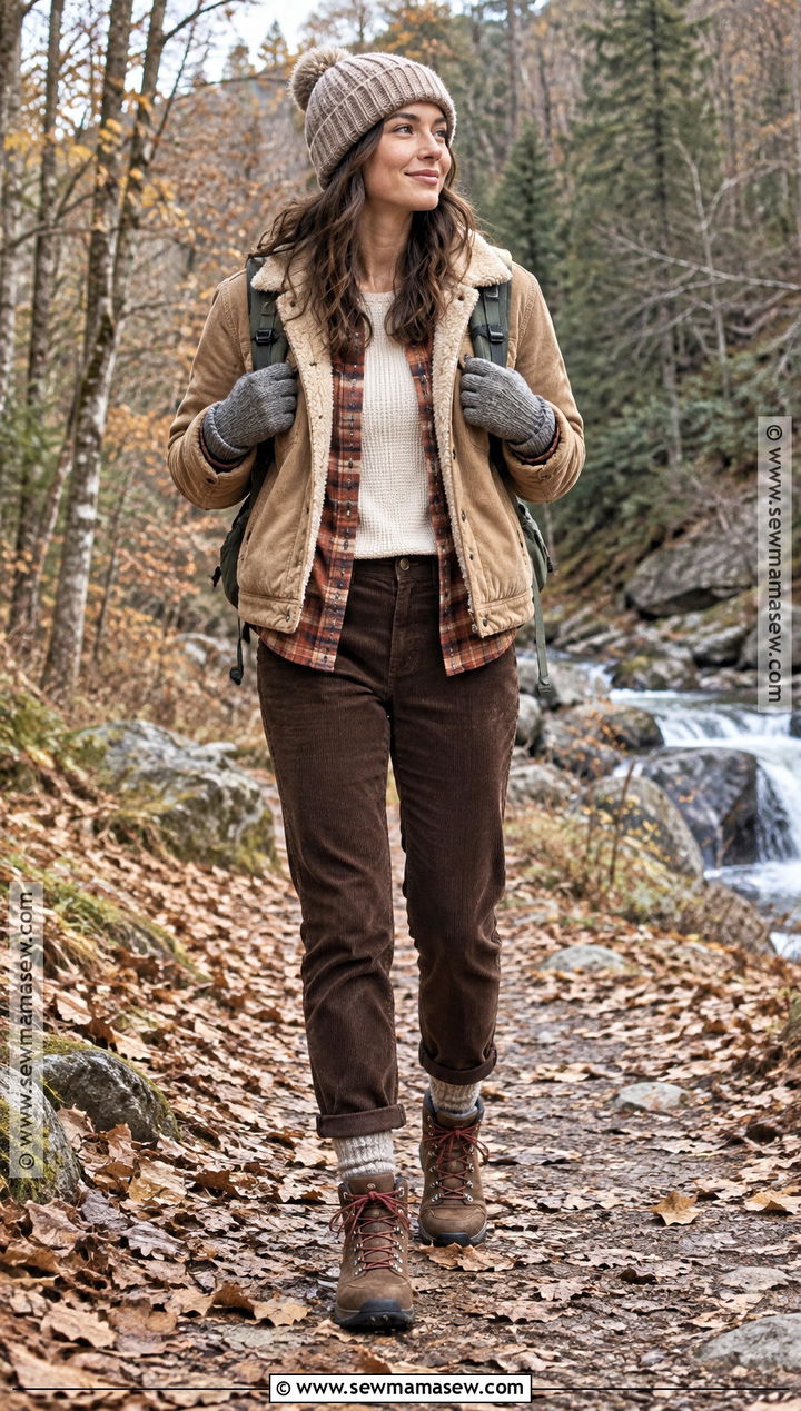 Sherpa Jacket With Thermal Top And Corduroy Pants - 20 30 degree weather outfit fall ideas