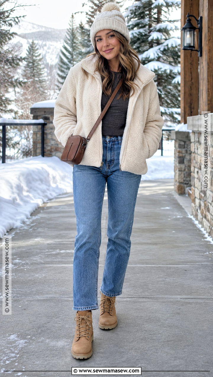 Sherpa Jacket With Thermal Top And Jeans Outfit - 25 fall and winter outfits