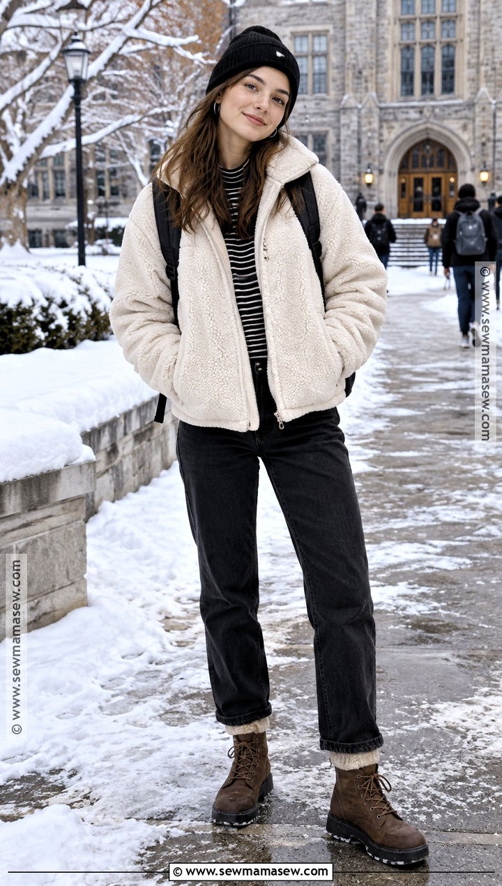 Sherpa Jacket and Black Jeans Winter School Outfit - 20 winter back to school outfits