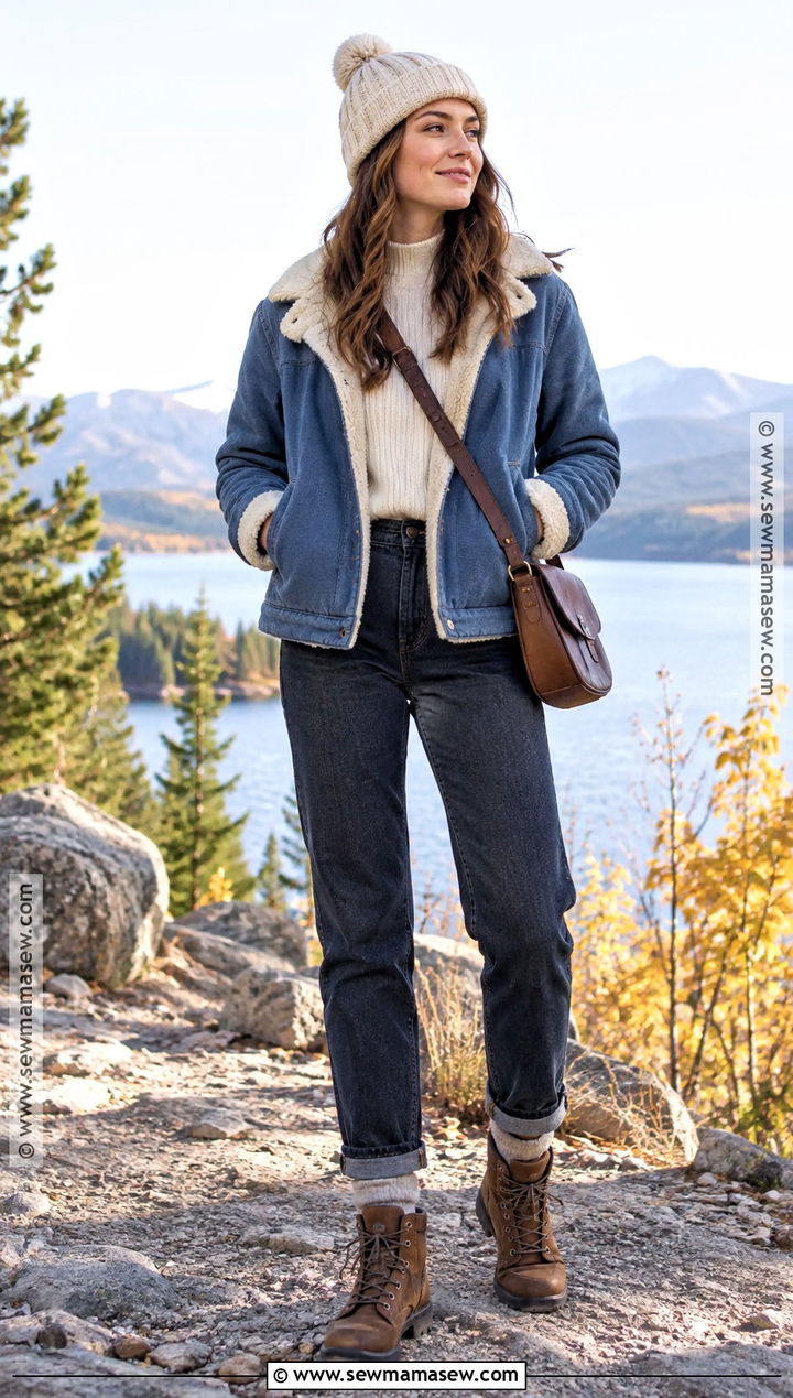 Sherpa Lined Jacket And Dark Denim Fall Outfit - 25 Warm Fall Outfits Weather