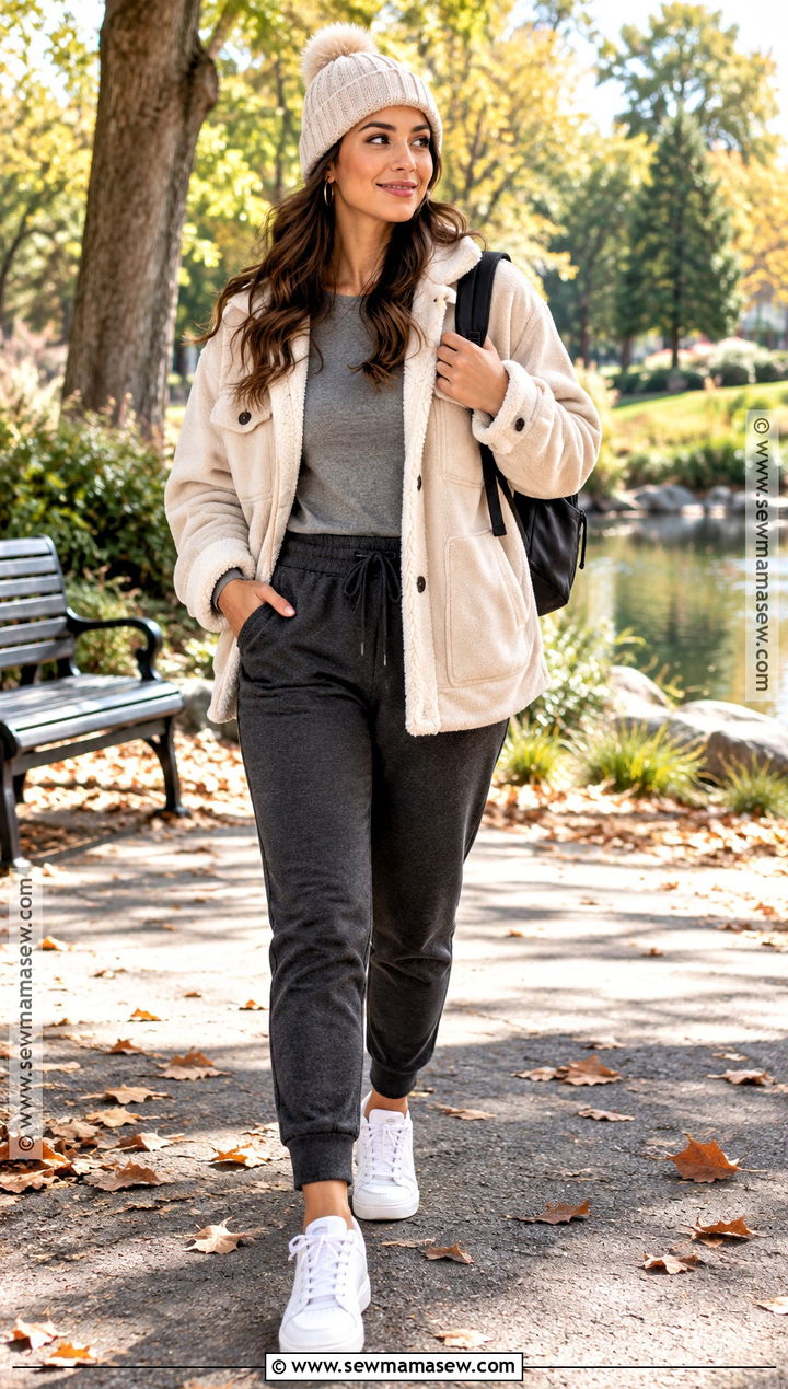 Sherpa Shacket With Joggers - 15 Fall Outfit Shacket Ideas