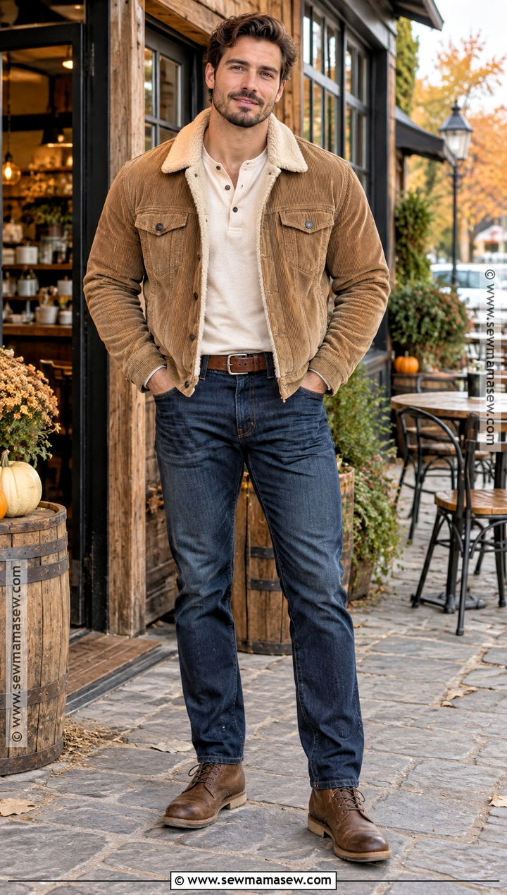 Sherpa Trucker Jacket With Henley And Jeans - 15 mens autumn jackets