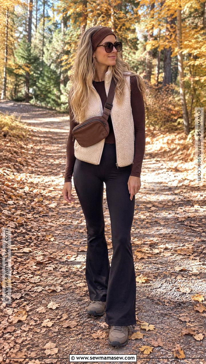 Sherpa Vest And Flared Hiking Leggings - 15 cute hiking outfit fall casual ideas