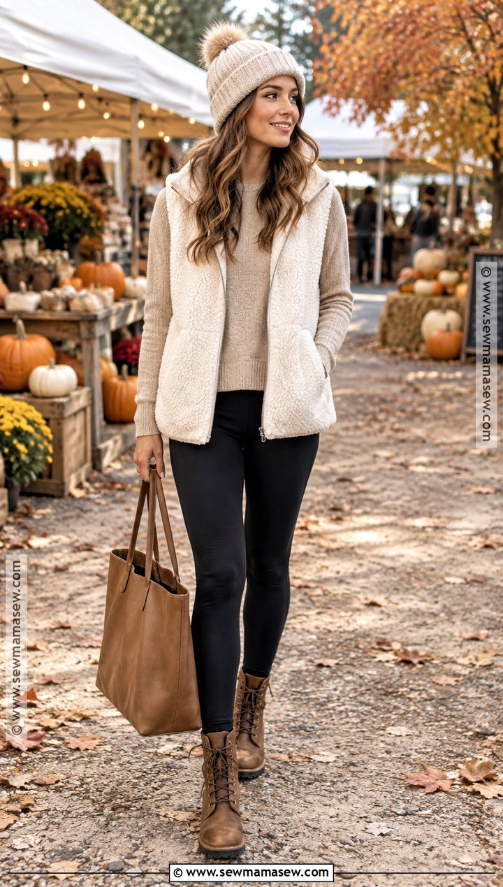 Sherpa Vest With Sweater And Leggings - 25 fall vest outfits