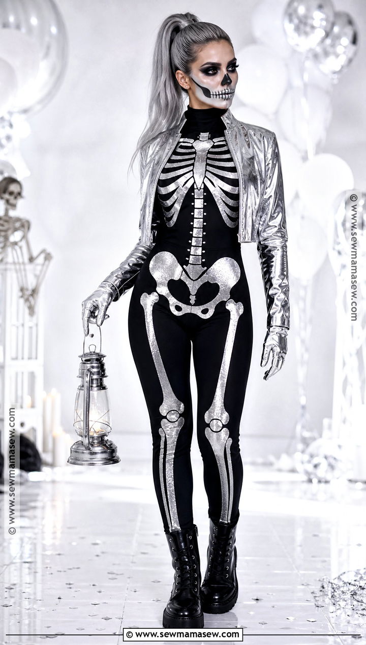 Shimmering Skeleton Costume With Black Boots - 35 Halloween Costume Solo Ideas