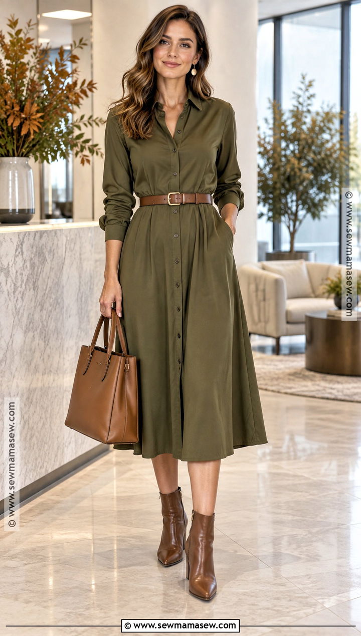 Shirt Dress And Ankle Boots Autumn Business Casual Outfit - 25 Autumn Business Casual Outfits