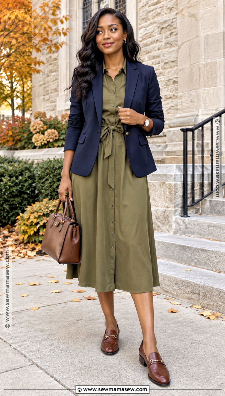 Shirt Dress And Blazer Church Outfit - 15 Church Outfit Inspo For Fall Ideas