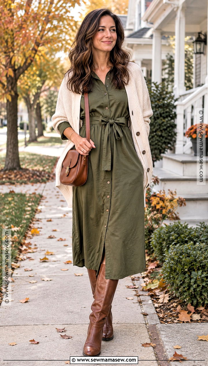 Shirt Dress And Knee High Boots Fall Outfit - 20 Easy Fall Outfits for Moms