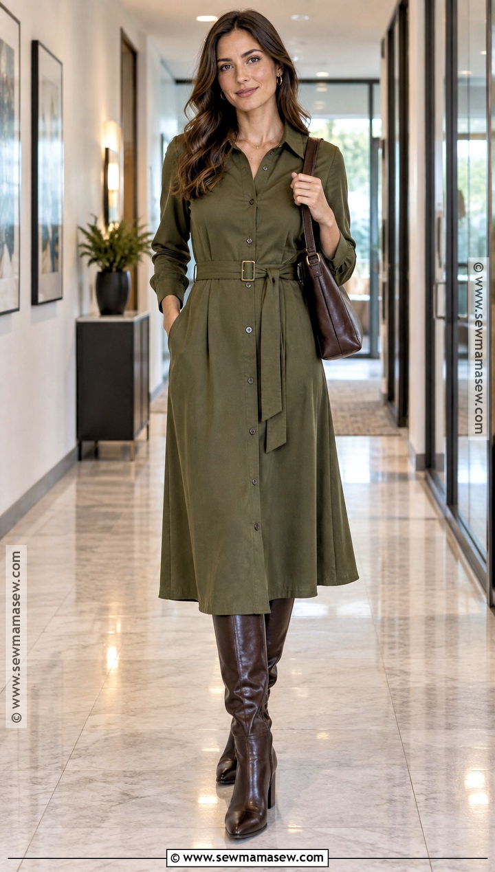 Shirt Dress And Knee High Boots Office Outfit - 15 office outfits fall 2026