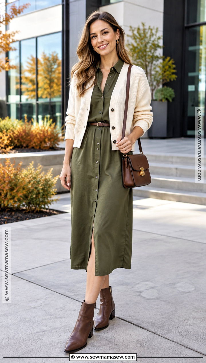 Shirt Dress Cardigan and Ankle Boots Fall Outfit - 20 simple fall fits