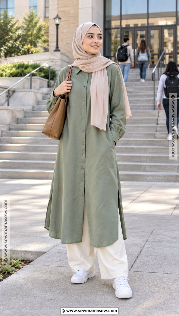 Shirt Dress Hijab Outfit With Loose Trousers - 20 back to school hijab outfits