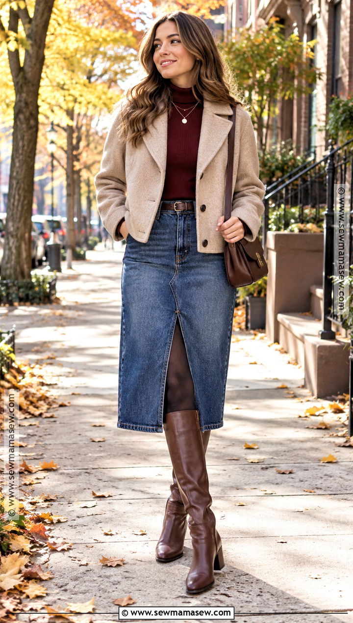Short Beige Coat With Denim Midi Skirt - 15 beige fall fashion coat ideas