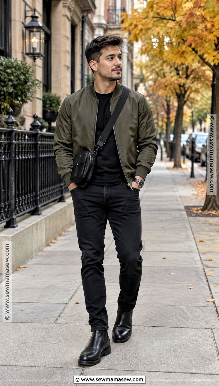 Short Bomber Jacket With Black Jeans - 15 fall outfits for short for men