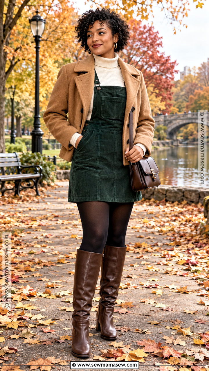 Short Hair Corduroy Dress And Tall Boots Outfit - 20 short hair fall outfits