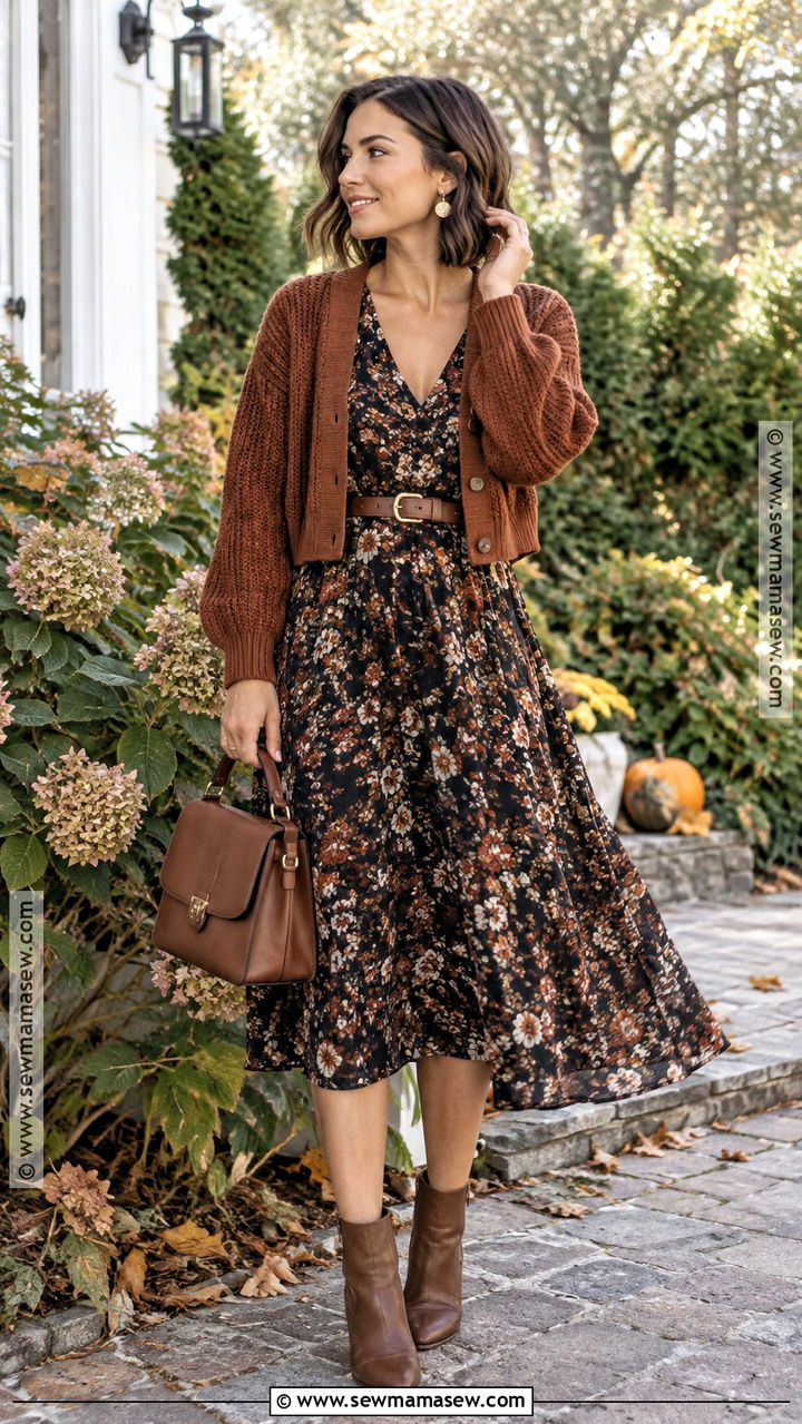 Short Hair Floral Midi Dress And Ankle Boots Outfit - 20 short hair fall outfits