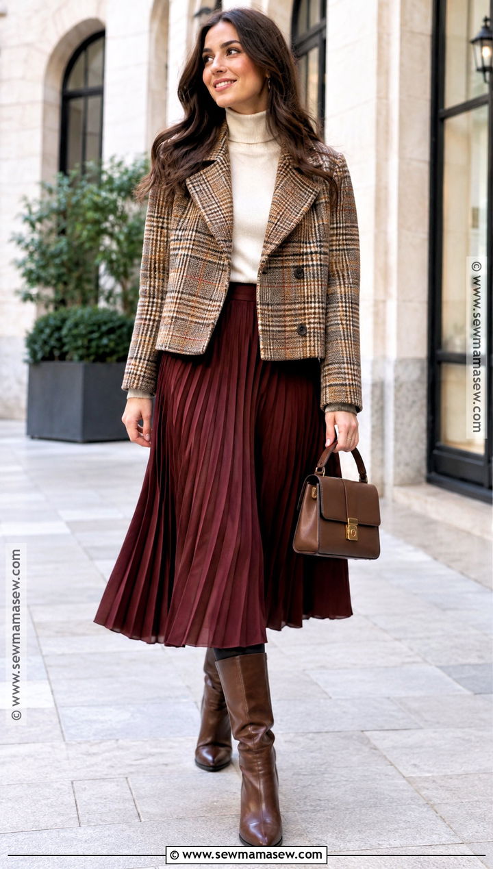 Short Plaid Coat With Pleated Skirt And Knee Boots - 15 autumn outfit with plaid coat and boots