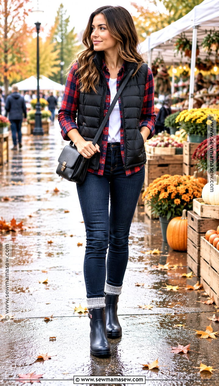Short Rain Boots Outfit With Plaid Shirt And Jeans - 25 rain boots outfit fall